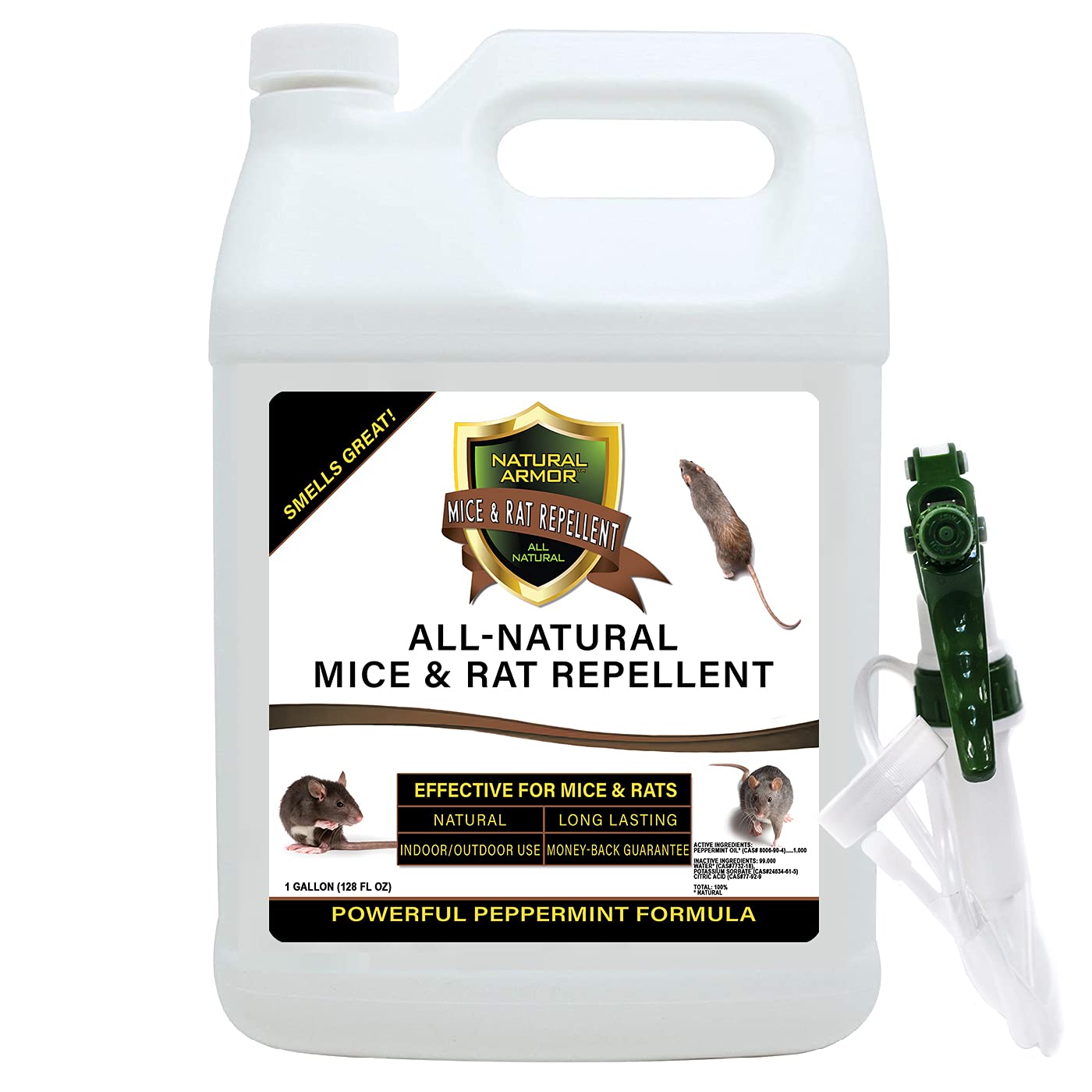 Natural Armor Mice Rat Repellent bottle front shows long-lasting peppermint protection for indoor and outdoor use.