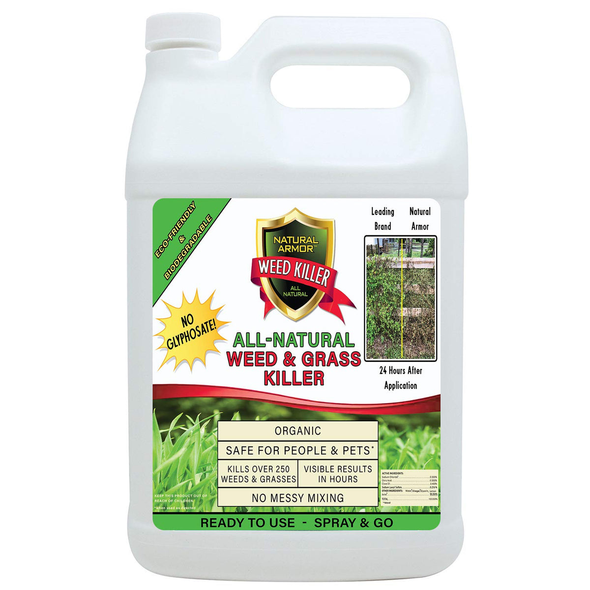 Natural Armor weed killer bottle shows concentrated formula for quick outdoor weed control.