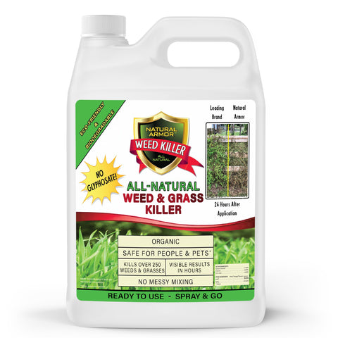 Natural Armor weed killer bottle pour shows fast weed control near driveways.