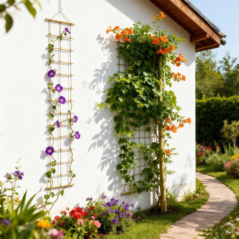 Natural Bamboo Ladder Trellis side view highlighting slim, versatile profile