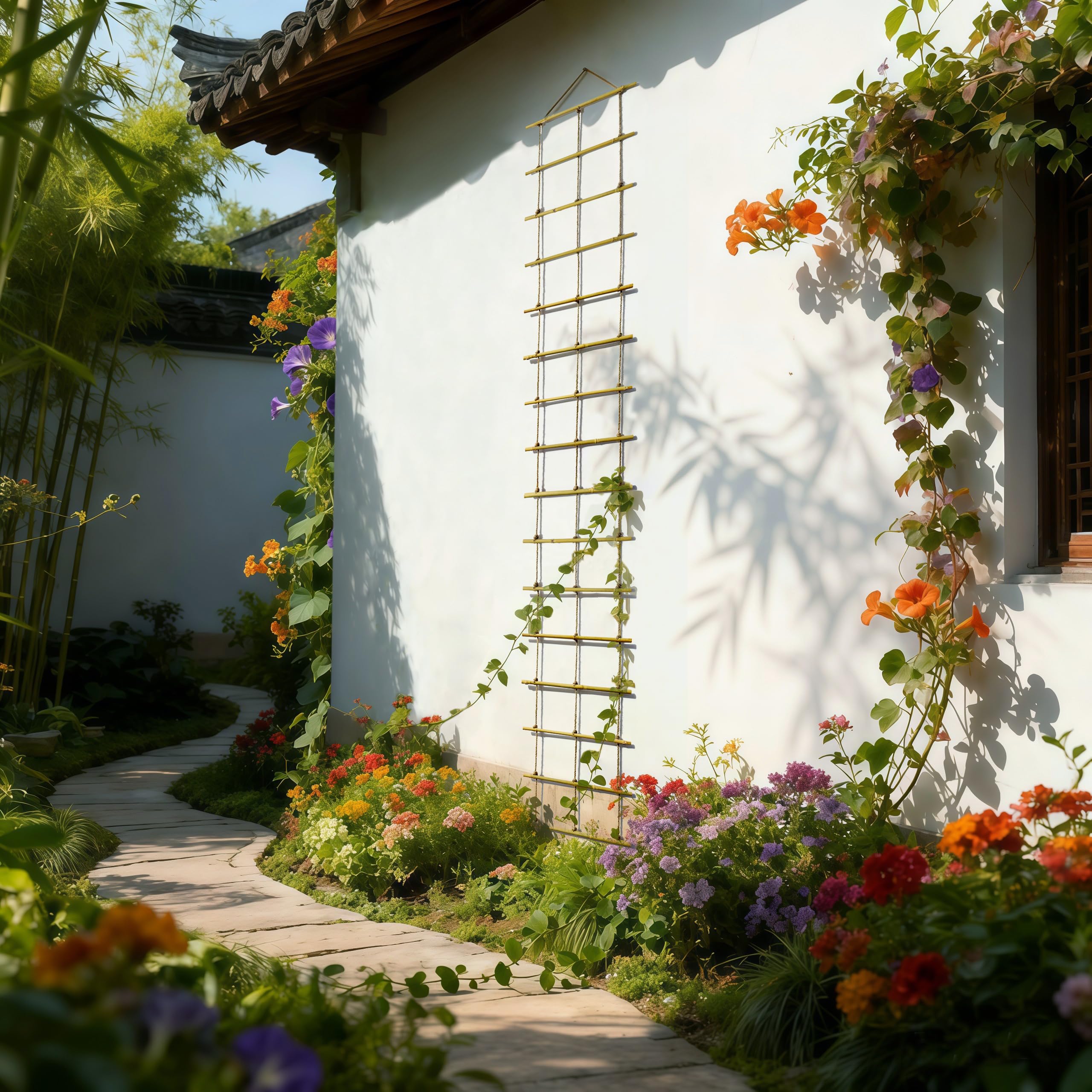 Natural Bamboo Ladder Trellis installed on a wall for vertical plant support