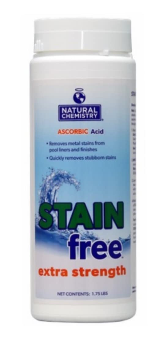 Natural Chemistry Extra Strength Stain Free bottle demonstrating metal stain removal for pool surfaces.
