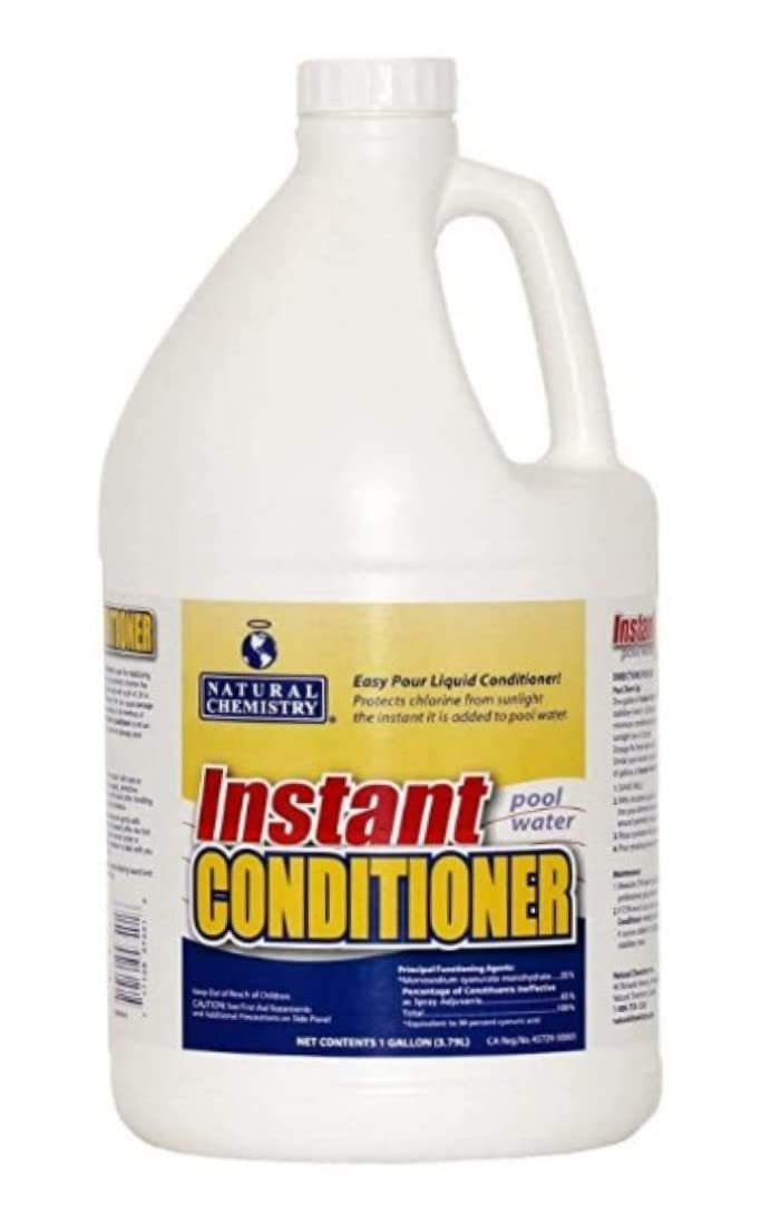 Natural Chemistry Instant Pool Water Conditioner being poured into the pool to protect chlorine from sunlight.