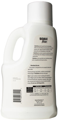 SCALEfree dosage chart and 2-liter container ready for monthly protection of pool surfaces