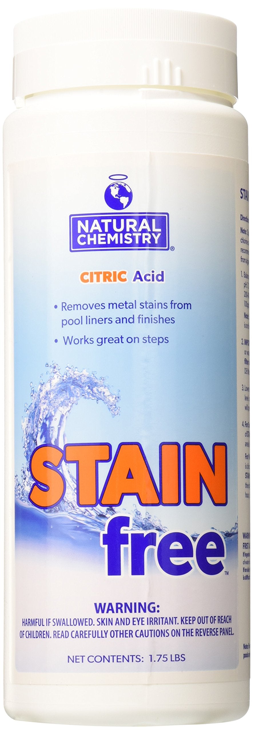 Natural Chemistry Stain Free bottle close-up ready for stain removal on pool surfaces.