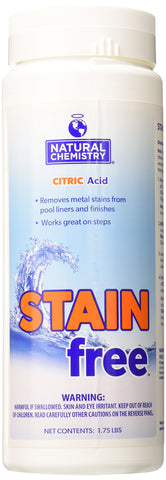 Natural Chemistry Stain Free bottle close-up ready for stain removal on pool surfaces.