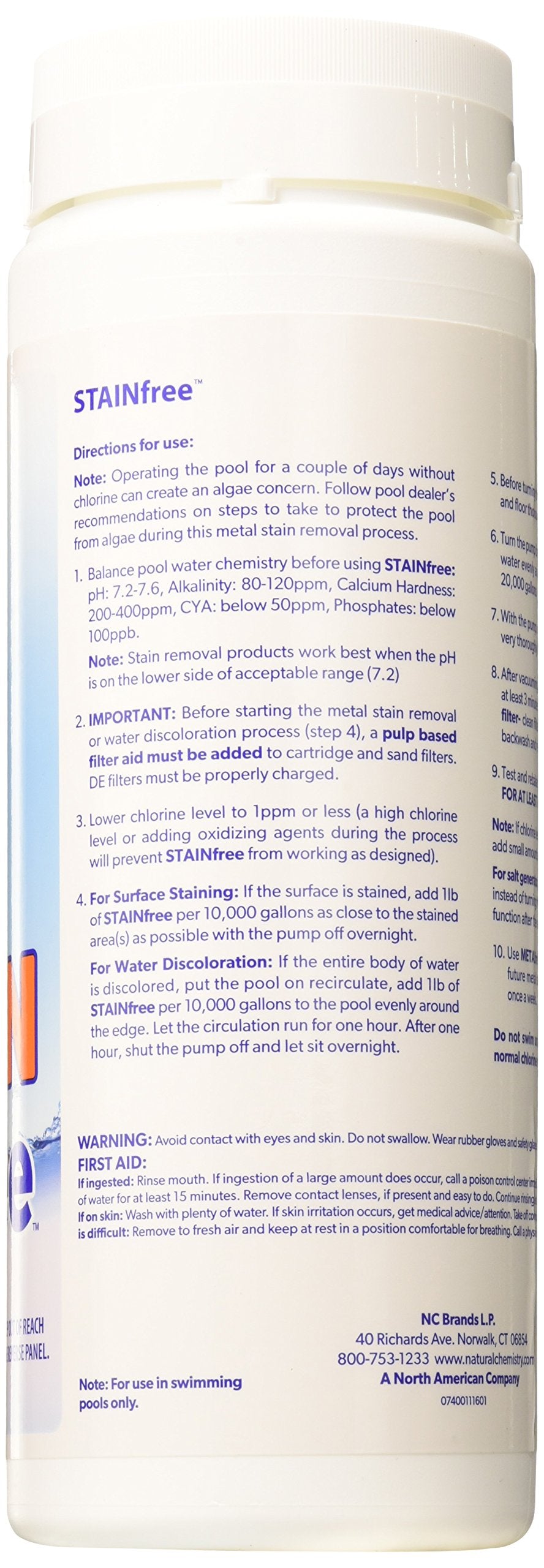 Natural Chemistry Stain Free action targets metal stains with citric acid in pools.