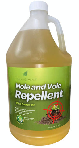 Natural Elements mole-vole-repellent bottle shows yard protection with castor oil.