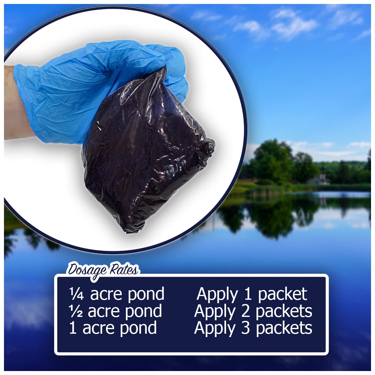 Natural Waterscapes dissolving blue pond dye packets illustrate easy, mess-free application