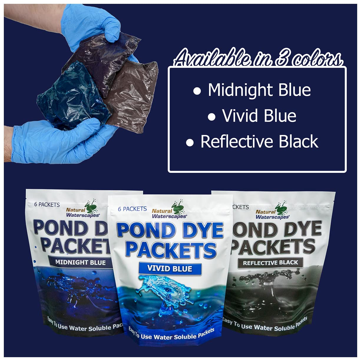 Natural Waterscapes blue dye packets create visible color after dissolving