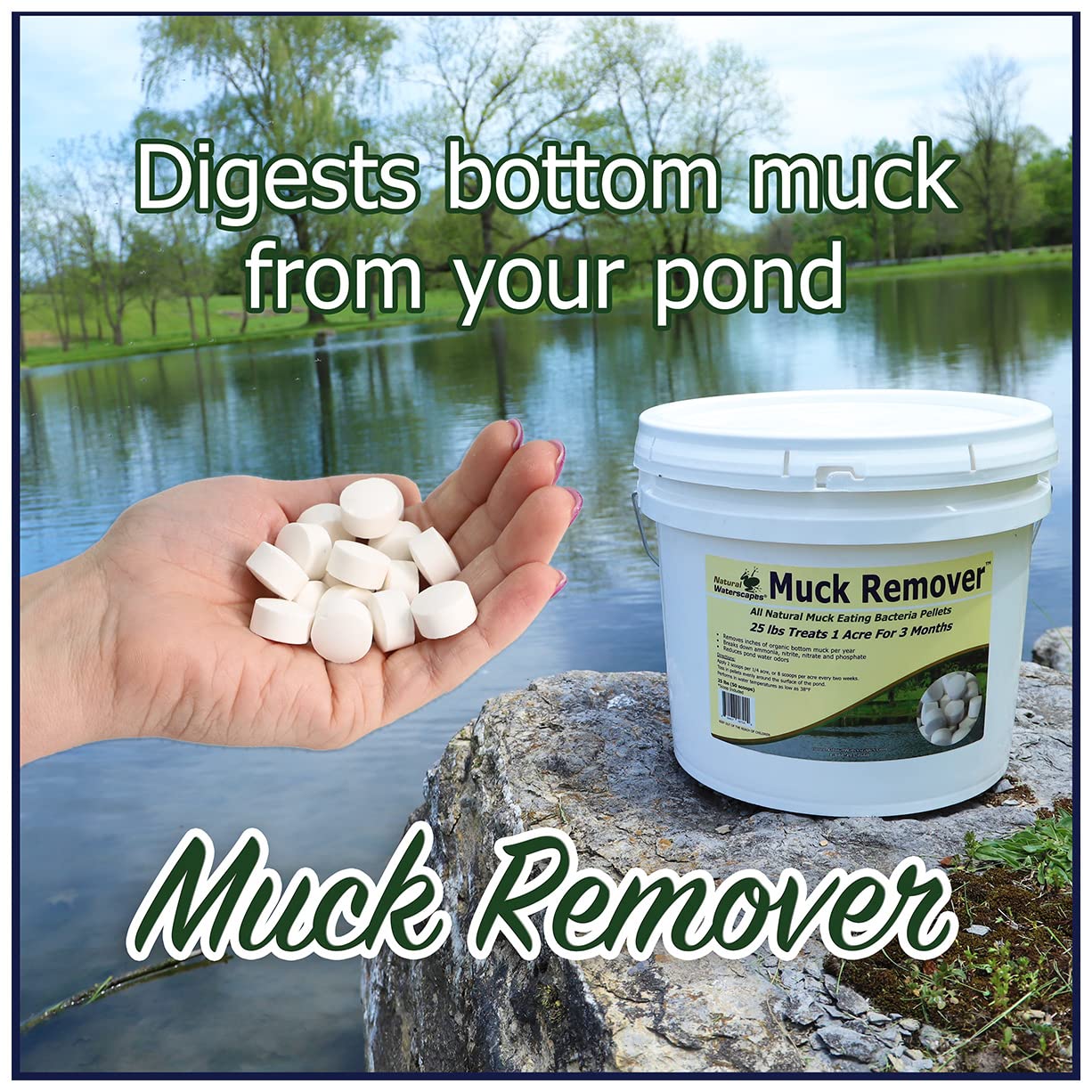 Natural Waterscapes Muck Remover Pellets label shows 10 scoops per bag.