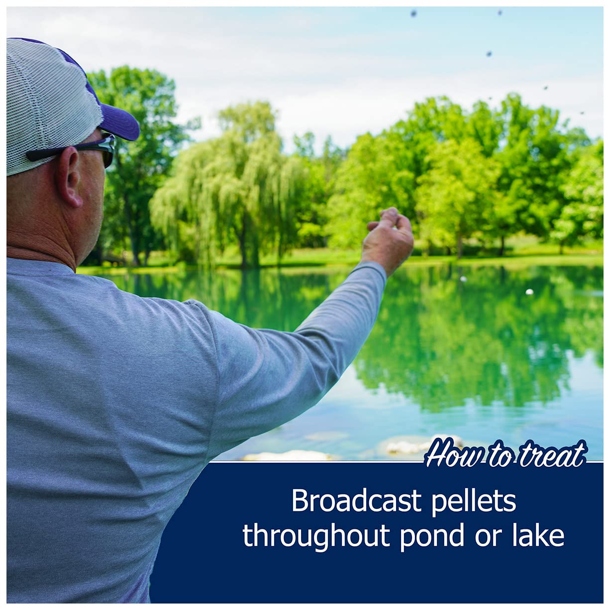 Natural Waterscapes Muck Remover Pellets being dispensed into pond water.