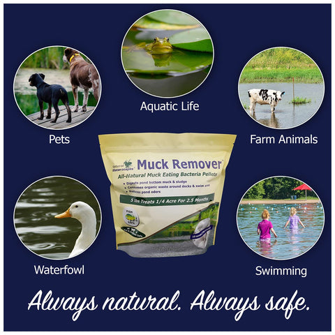 Natural Waterscapes Muck Remover Pellets application tips for 1/4 to 2 acres.