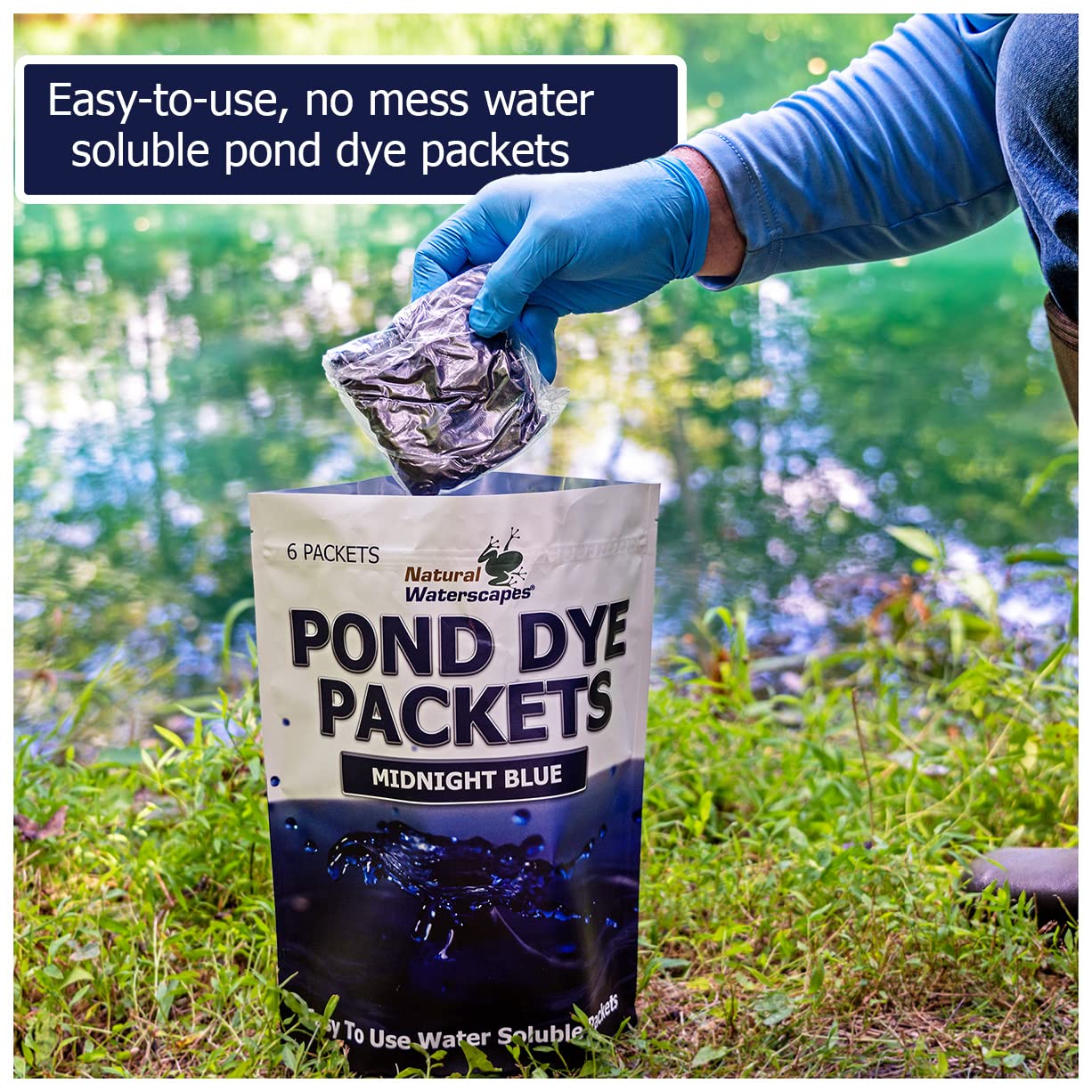 Natural Waterscapes six-pack dye helps treat ponds up to two acres