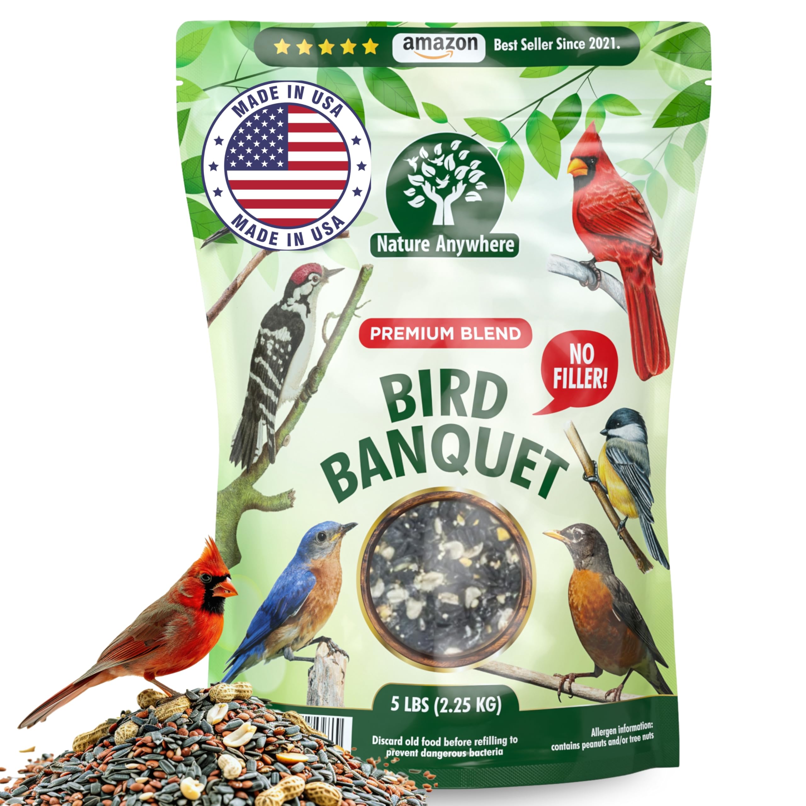 Nature Anywhere Bird Banquet seed packaging closeup for reliable backyard feeding
