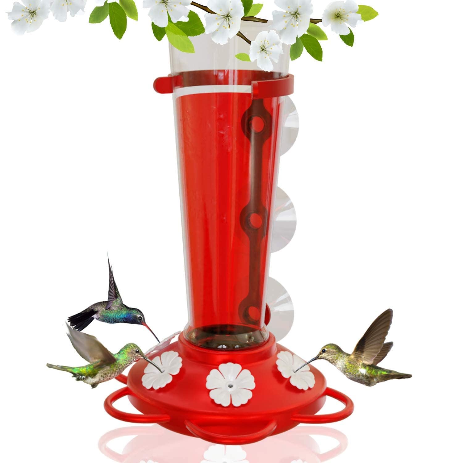 Nature Anywhere large leak-proof window hummingbird feeder in action, preventing spills for tidy outdoor viewing.