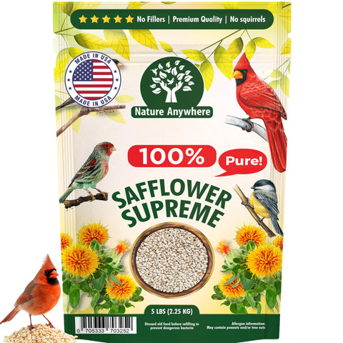 Nature Anywhere safflower Supreme bag on table, USA-made for trustworthy backyard feeding.