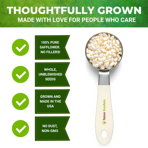 Nature Anywhere safflower Supreme no-fillers label, single-ingredient seeds for efficient feeding.