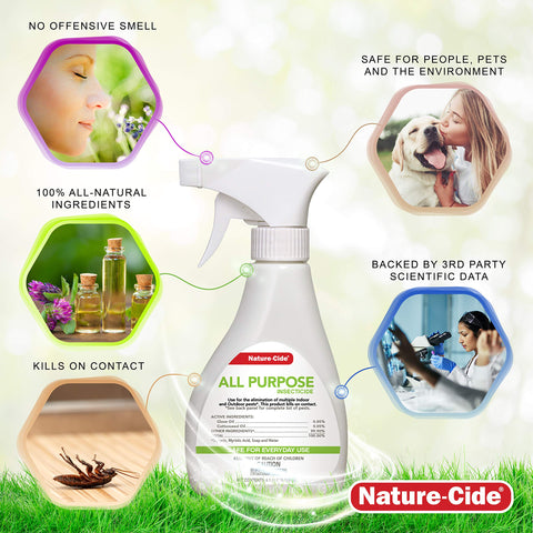 Nature-Cide All Purpose Spray bottle shown, ready to use for home and office safety.