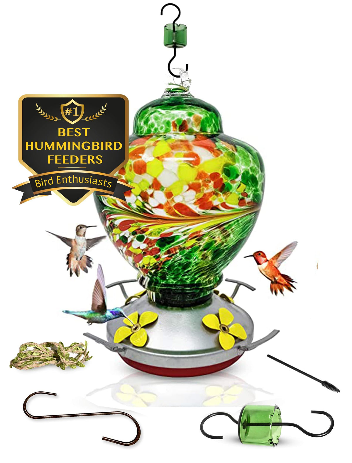Nature Gear hummingbird feeder emerald green hand-blown glass attracts colorful hummingbirds to your garden