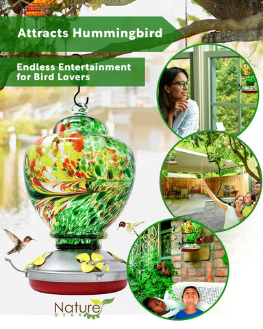 Nature Gear hummingbird feeder hanging-mount design blends with outdoor decor for easy placement