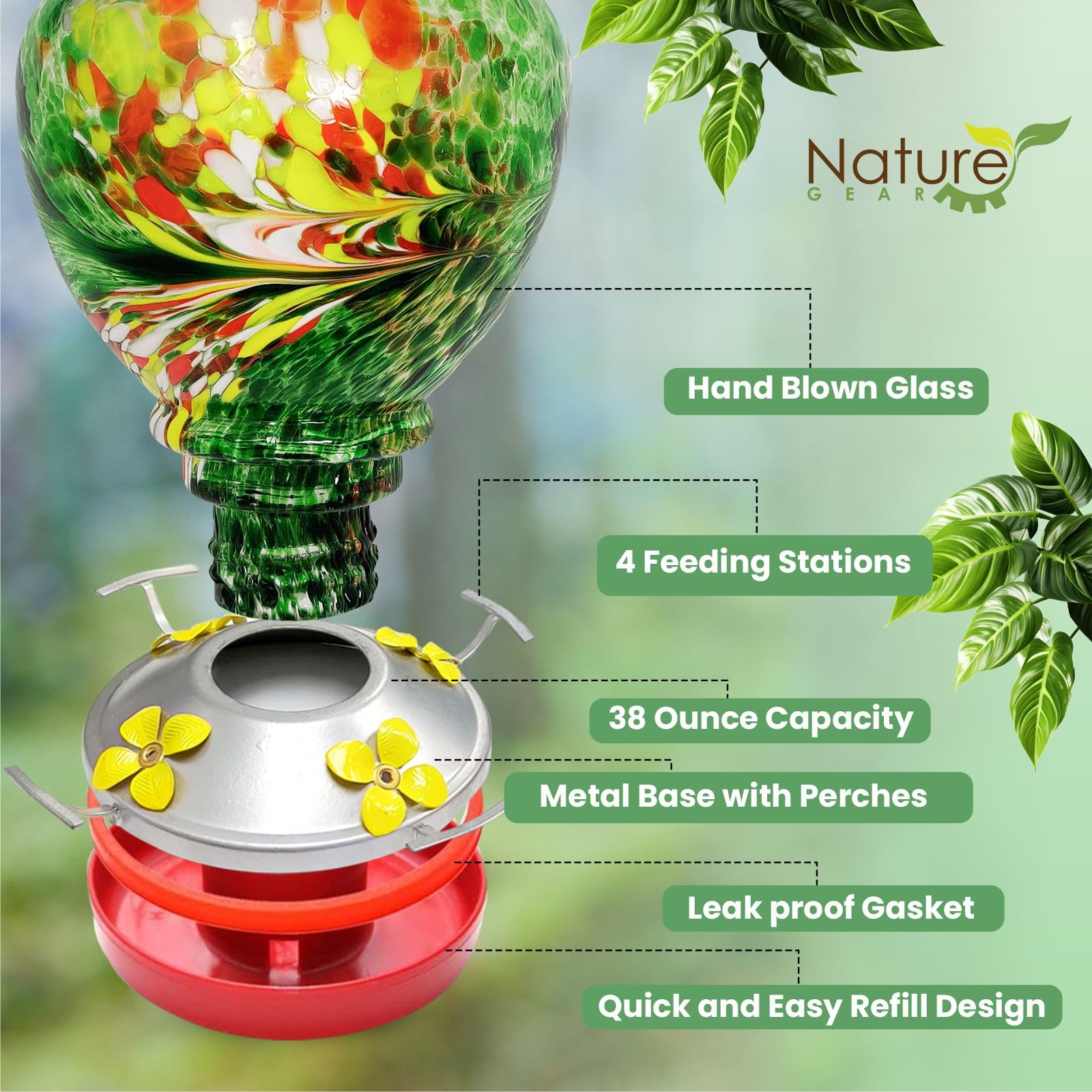 Nature Gear hummingbird feeder translucent glass shows nectar level at a glance