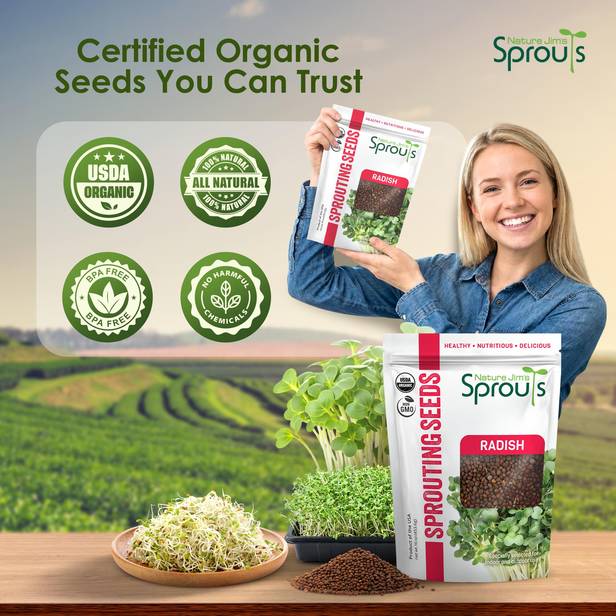 Nature Jims Radish Sprout Seeds in Salad, boosts color and crunch.
