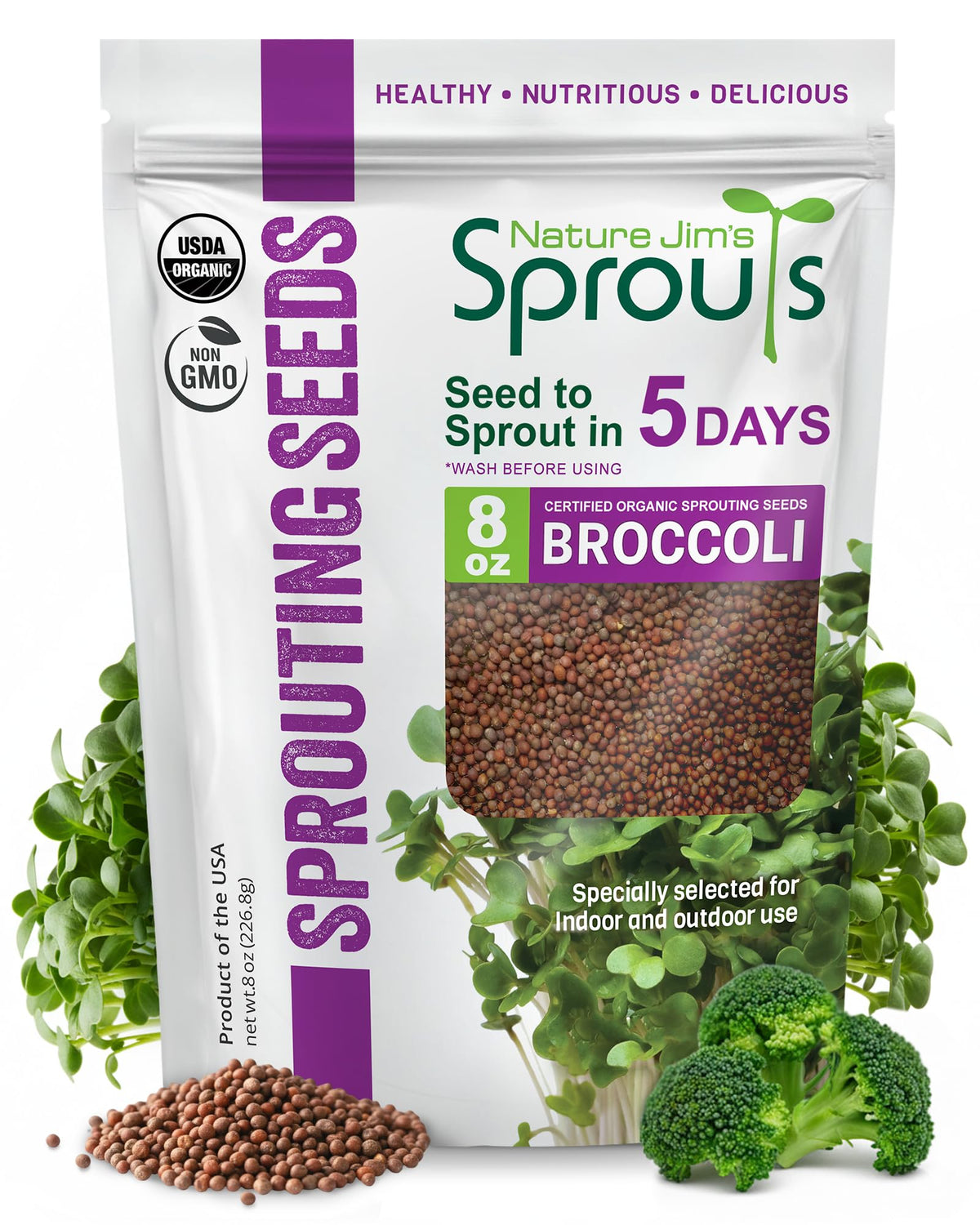 Nature Jims Sprouts broccoli seeds packaging ready for home sprouting.