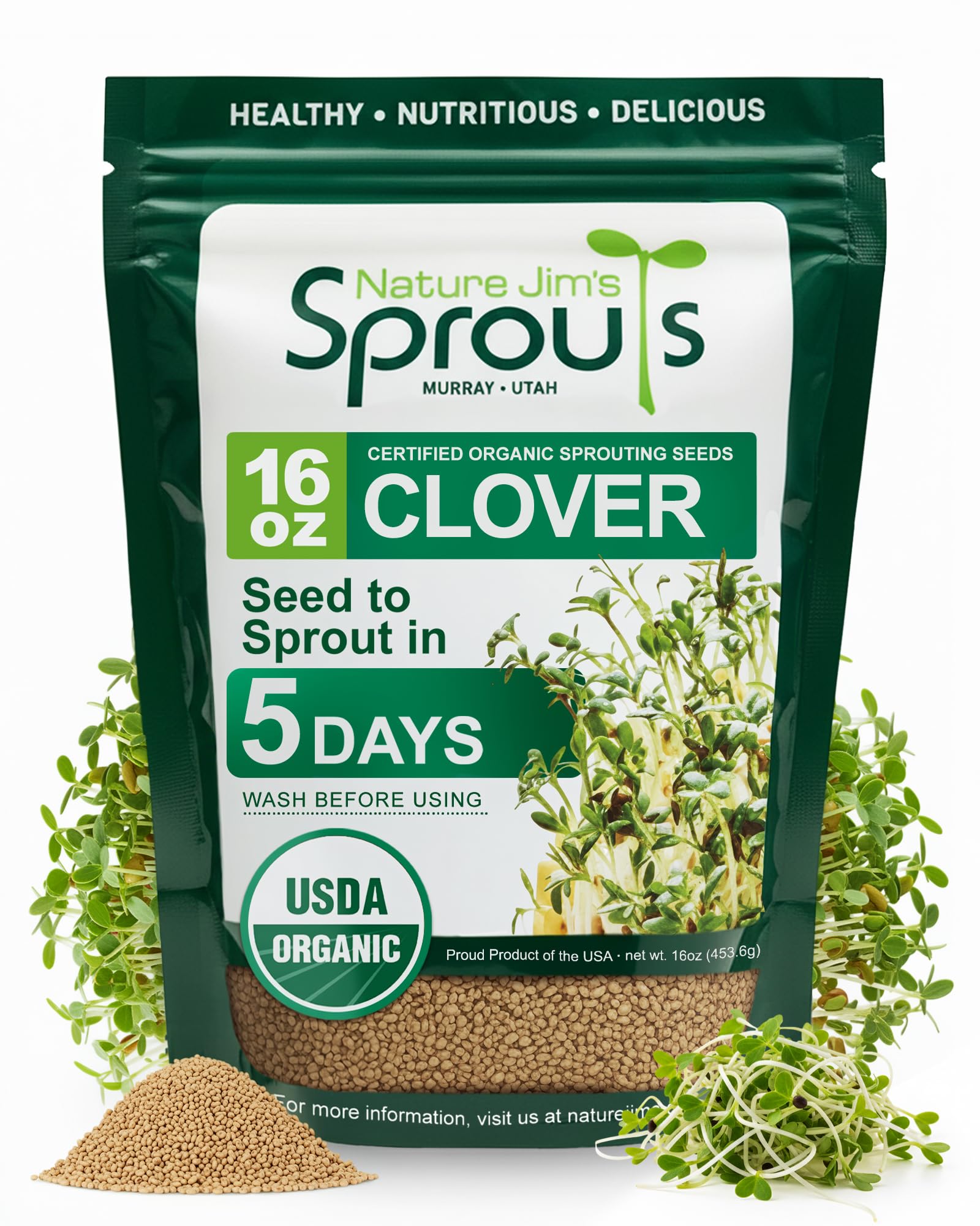 Nature Jims Sprouts Clover Seeds in a resealable bag for extended freshness.