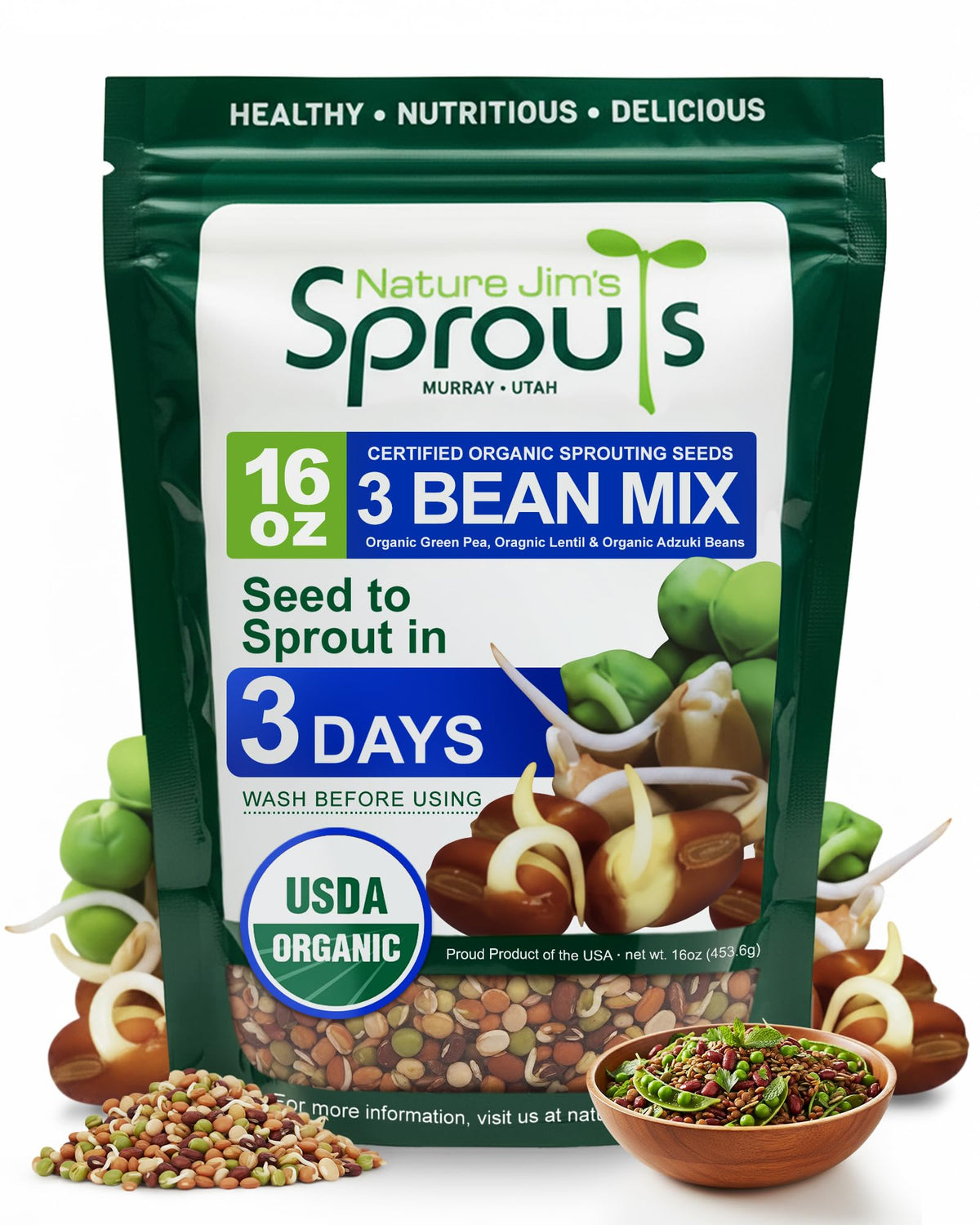 Nature Jim's Sprouts 3-Bean Seed Mix front packaging for easy home sprouting