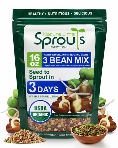Nature Jim's Sprouts 3-Bean Seed Mix front packaging for easy home sprouting