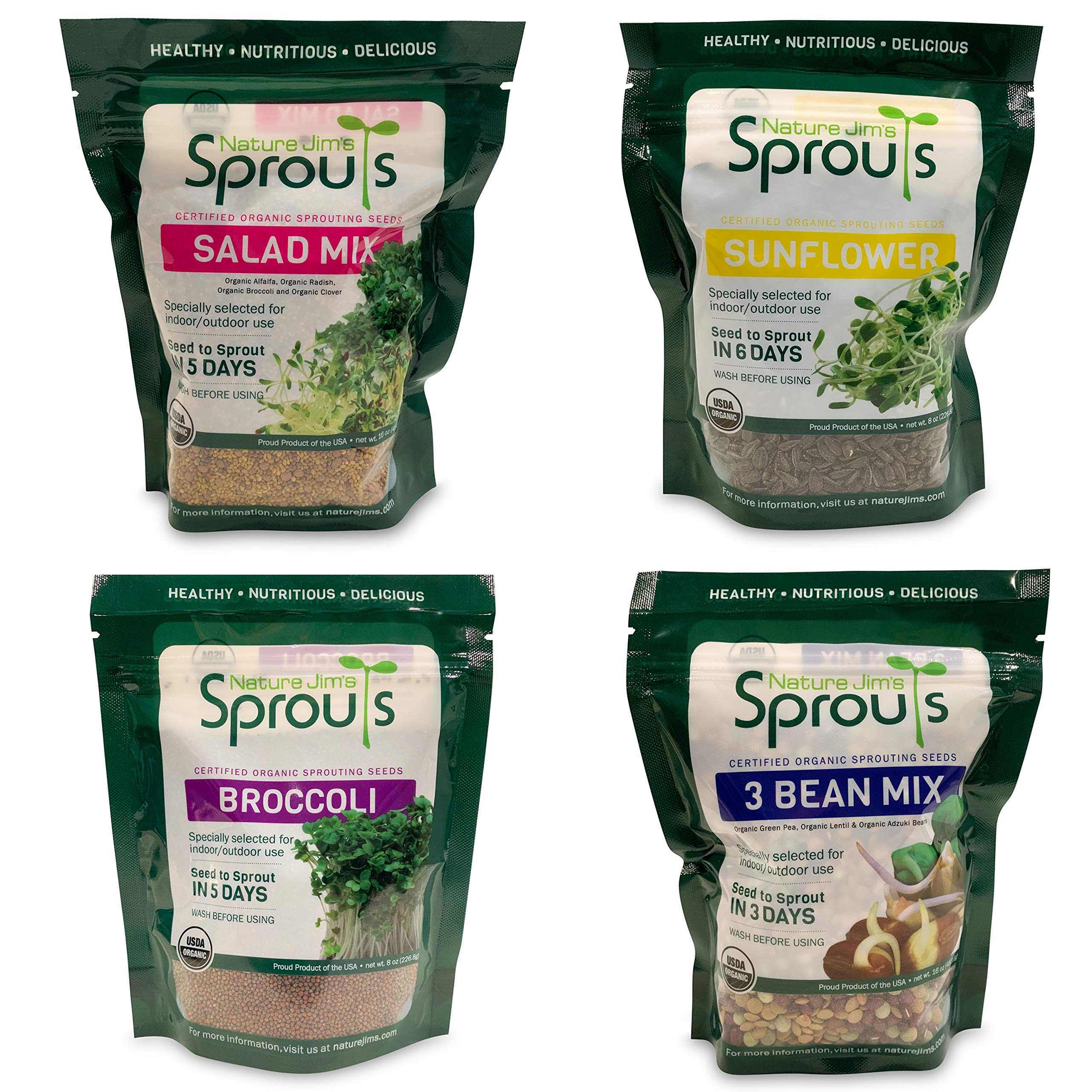 Nature Jim's Sprouts organic non-GMO seeds sprouting in jar for compact indoor gardening