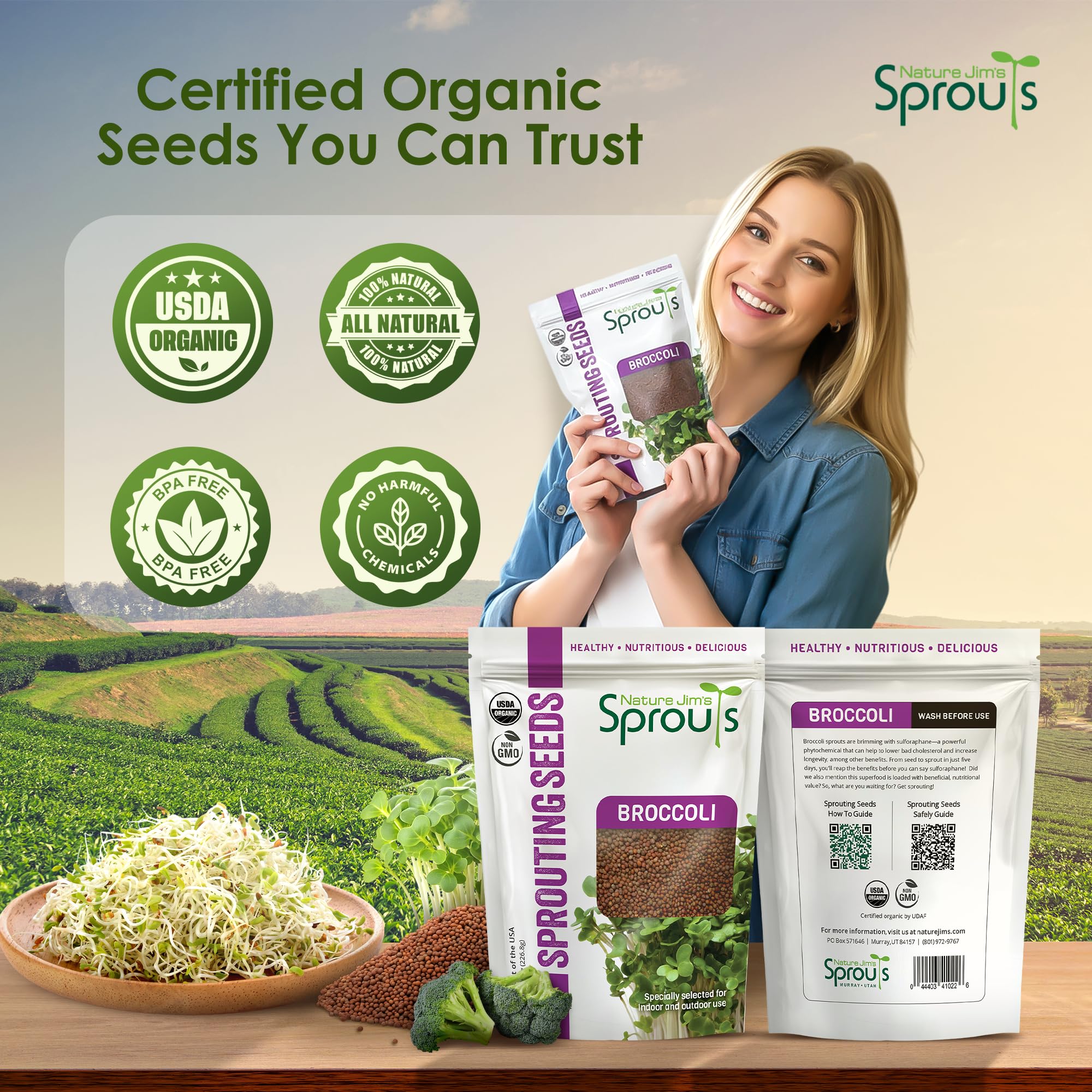 Nature Jims Sprouts quality since 1955 stamp on seed packet.
