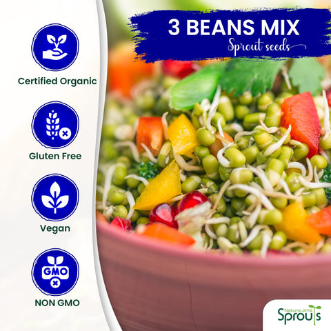 Nature Jim's Sprouts seed mix closeup showing green peas, lentils, adzuki ideal for microgreens