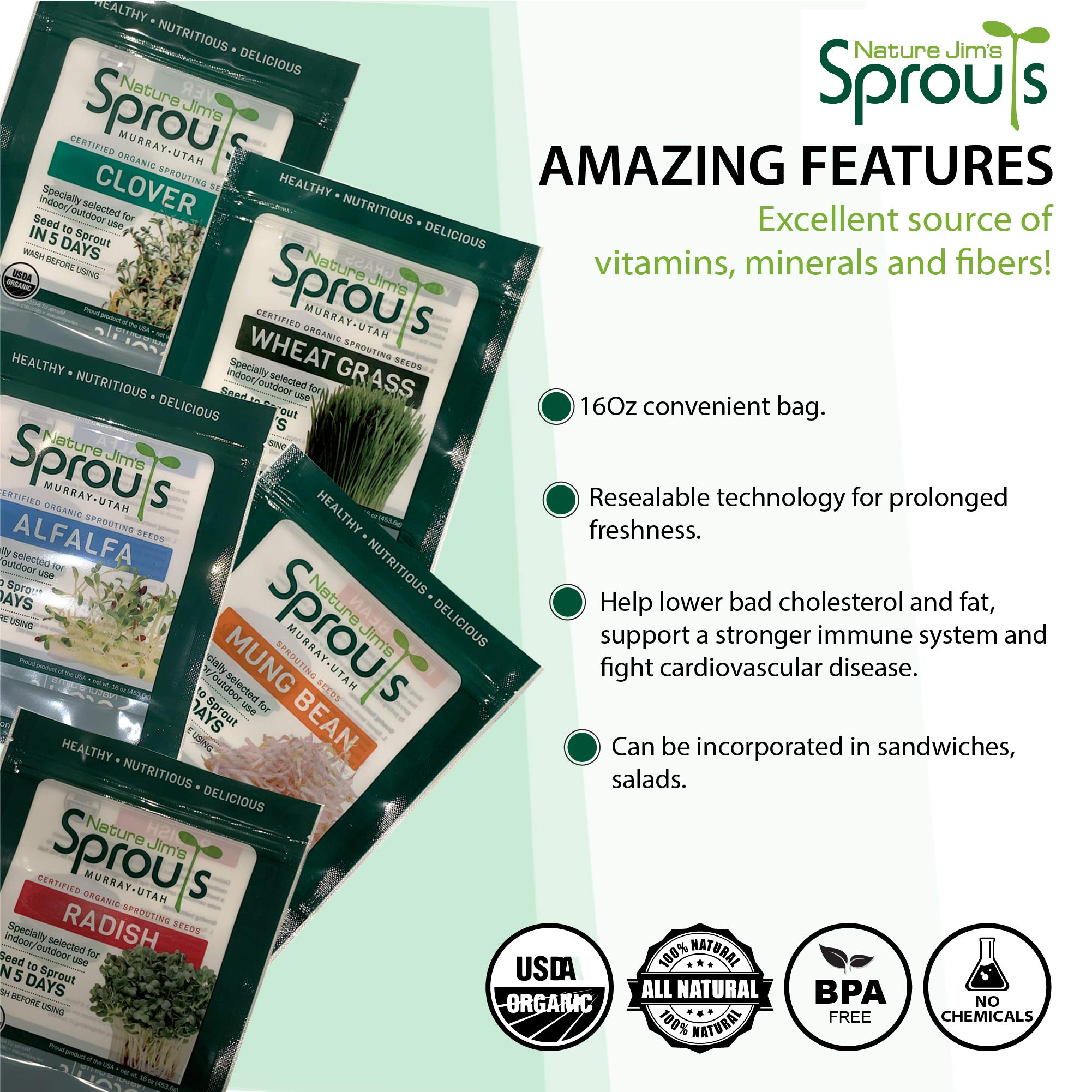 Nature Jim's Sprouts seeds for salads and stir-fries, adding wholesome crunch