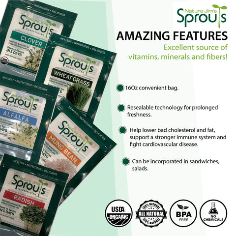 Nature Jim's Sprouts seeds for salads and stir-fries, adding wholesome crunch