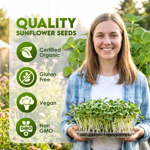 Nature Jims Sprouts organic sunflower seeds sprouting in a tray for crisp greens.