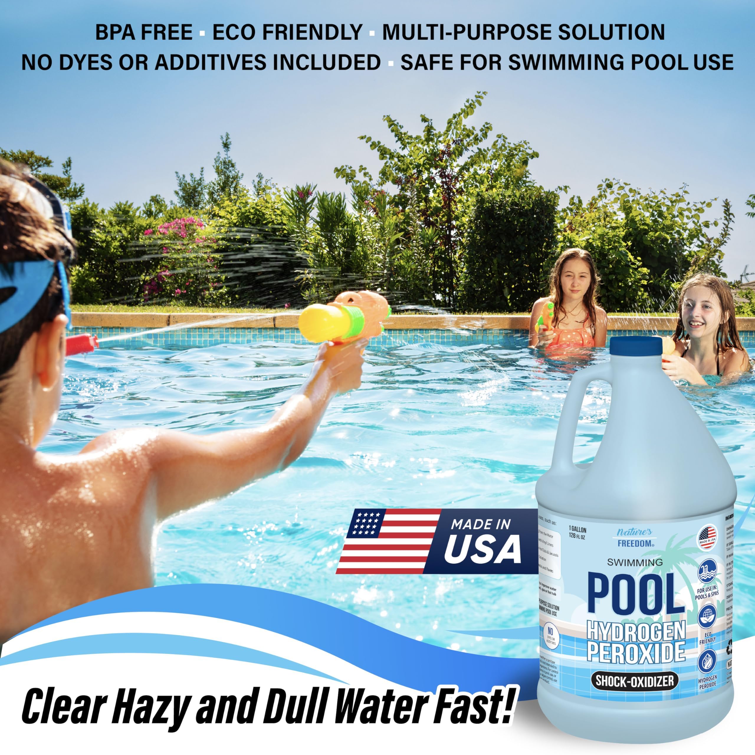 Nature's Freedom Shock-Oxidizer label highlights non-chlorine oxidation for clear water
