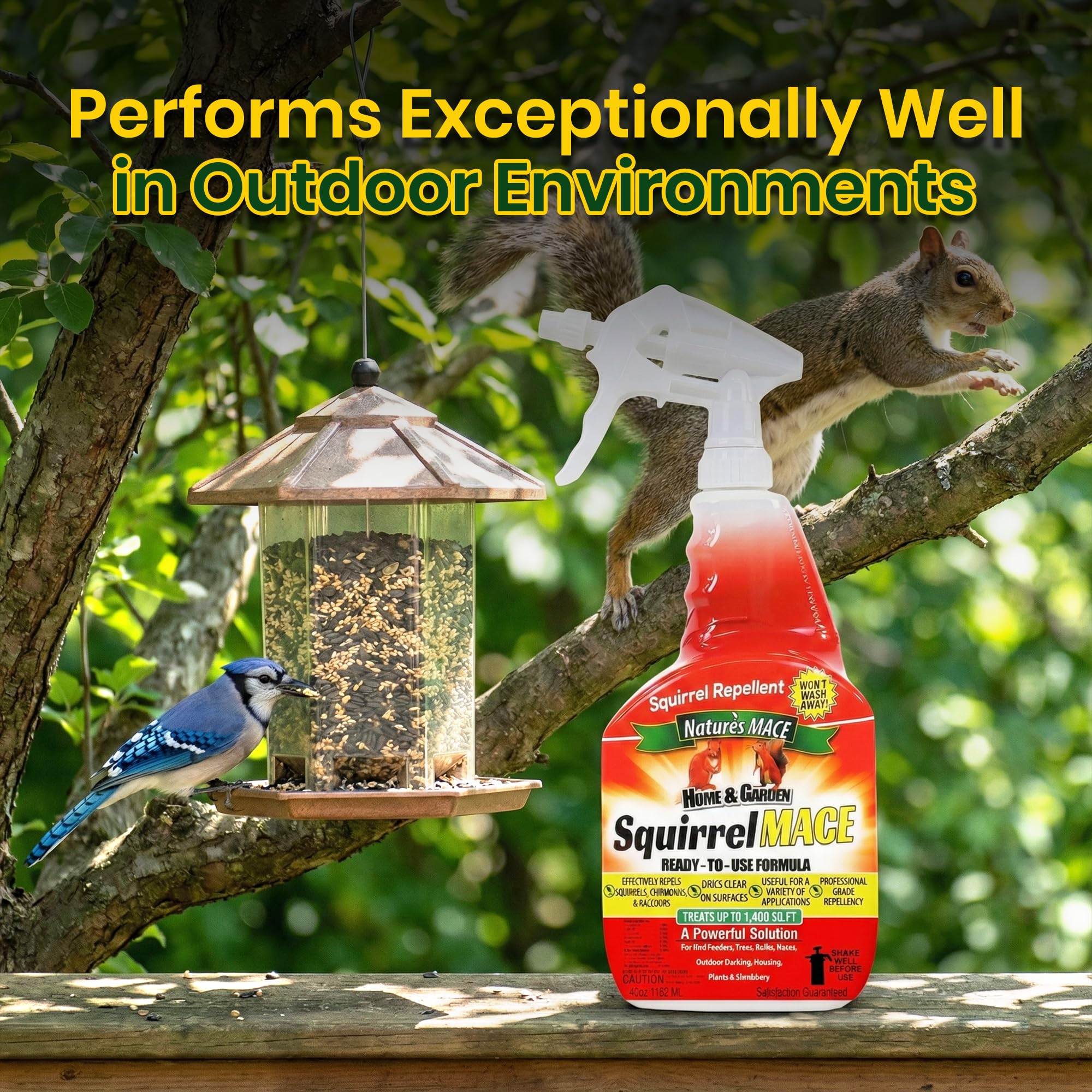 Nature's MACE bottle near bird feeders helps keep squirrels away.