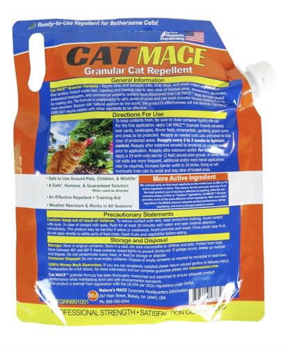 Nature's MACE cat deterrent granules keep outdoor garden areas cat-free.