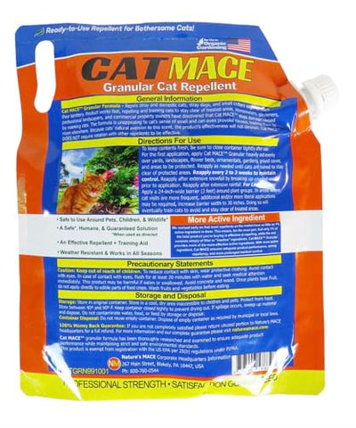 Nature's MACE cat deterrent granules keep outdoor garden areas cat-free.