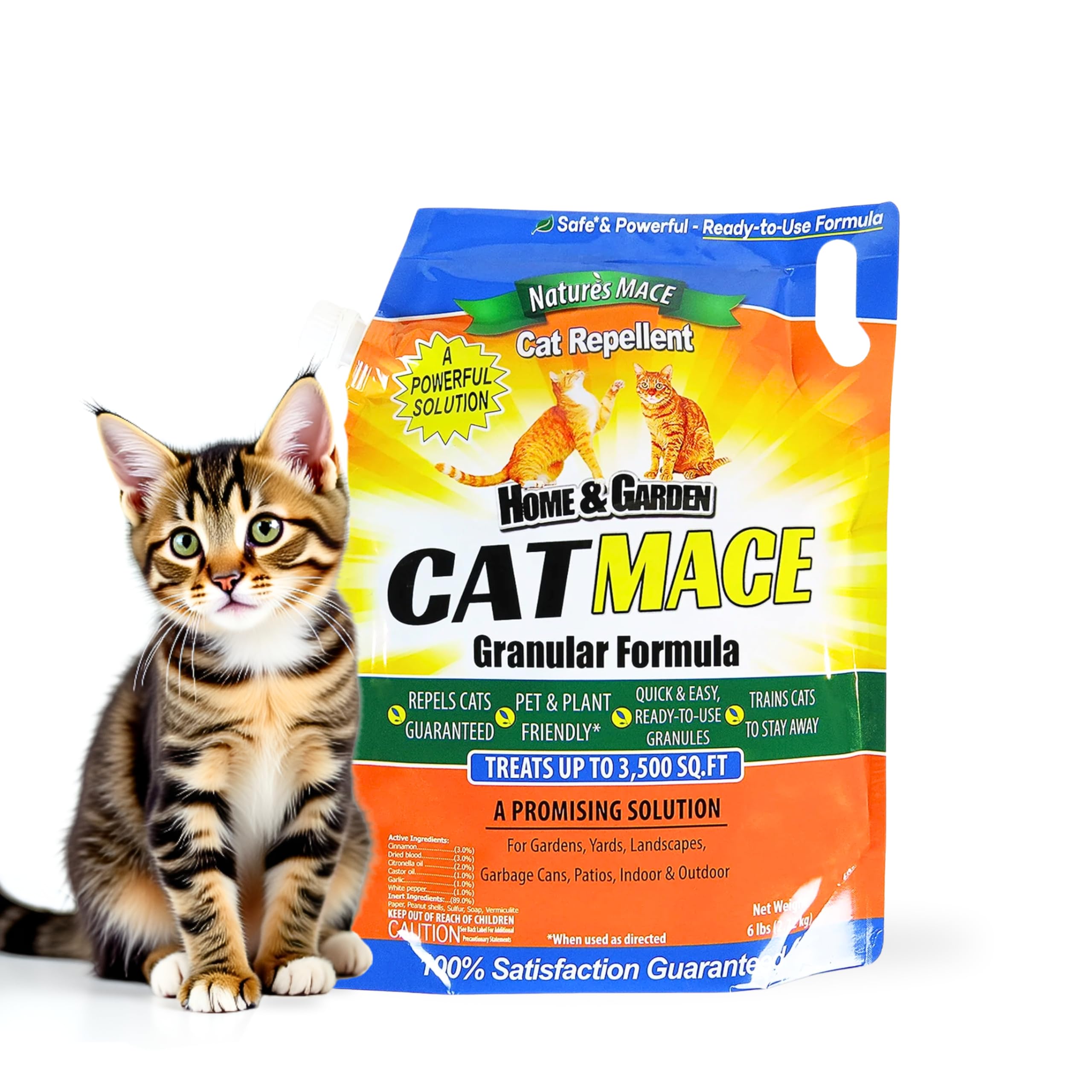 Nature's MACE Cat Mace outdoor granules repel cats from the yard and garden.