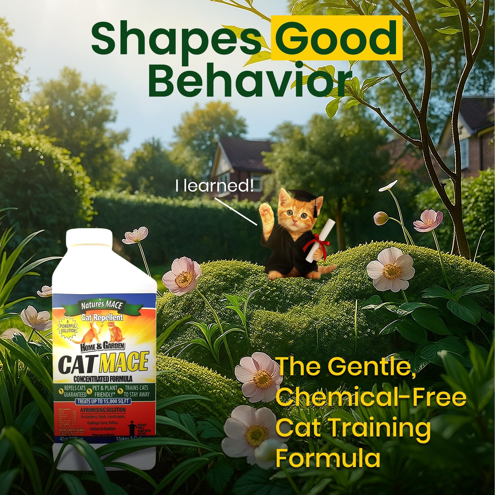 Nature's MACE Cat Repellent coverage area shows reach to 15,000 sq ft