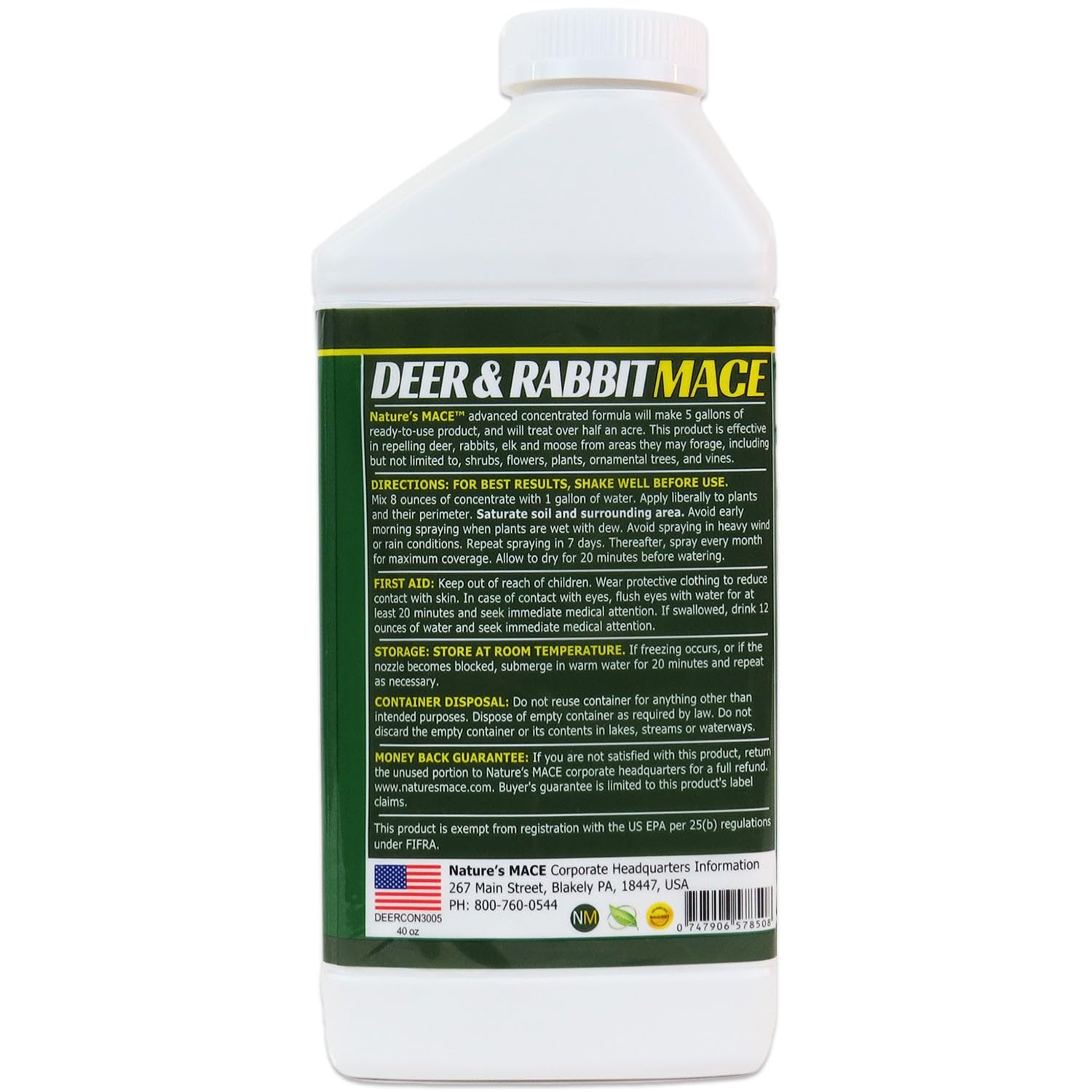 Nature's MACE concentrate label closeup showing mix ratios for large spray