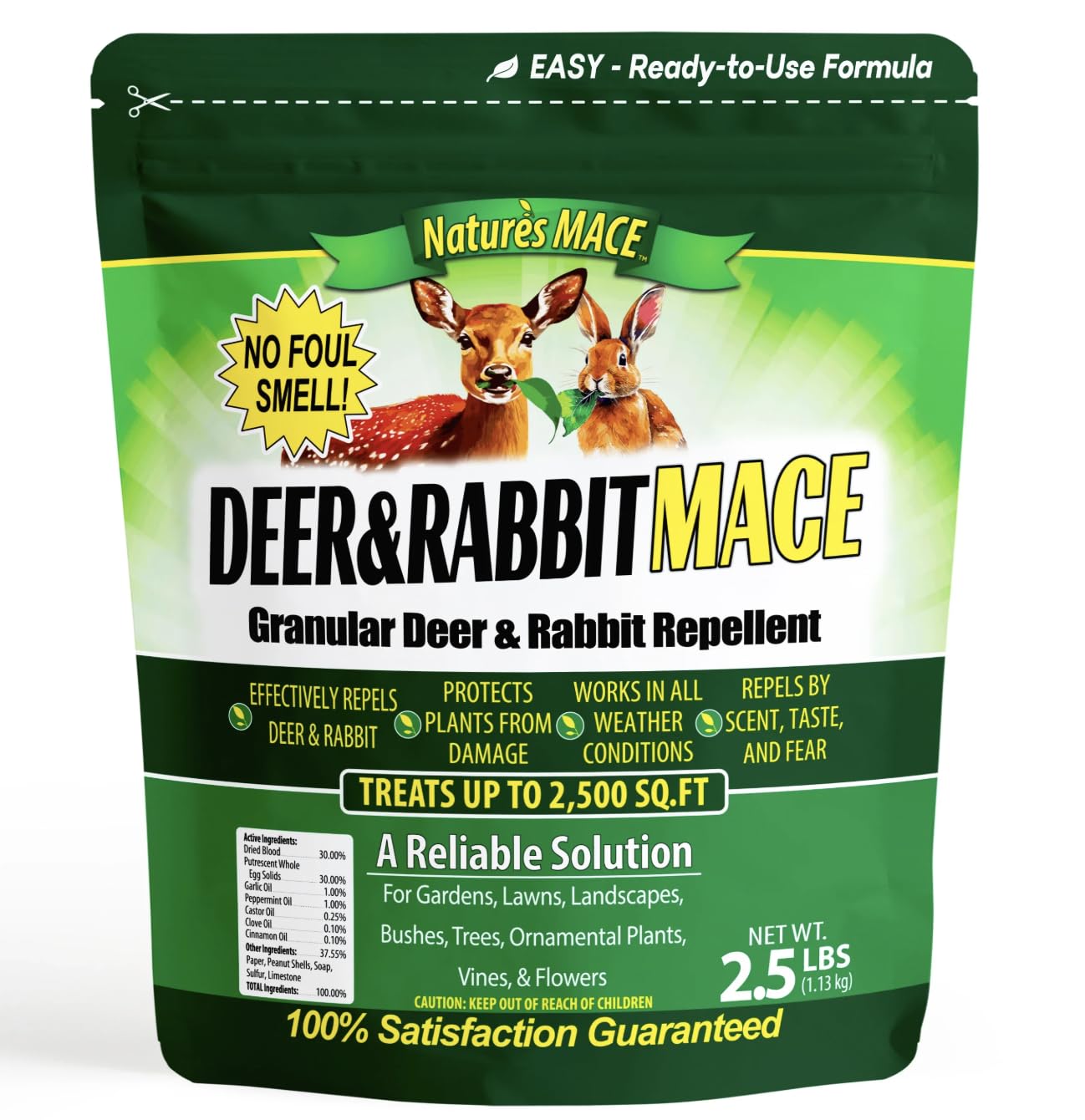 Nature's MACE deer rabbit granules bottle close-up showing long-lasting garden protection