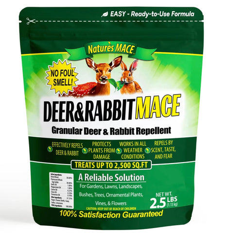 Nature's MACE deer rabbit granules bottle close-up showing long-lasting garden protection