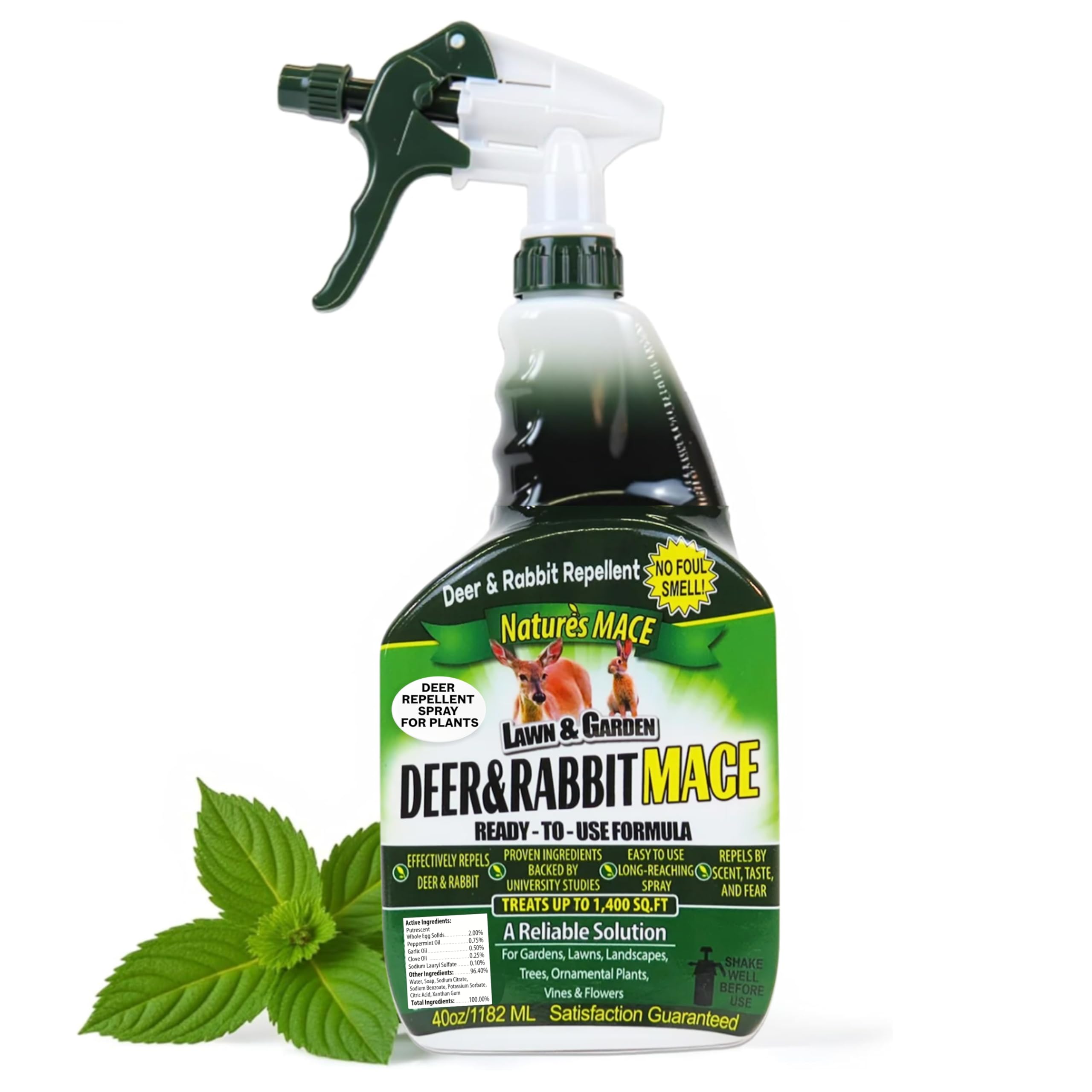 Nature's MACE deer and rabbit deterrent bottle in garden with mint scent helps deter deer