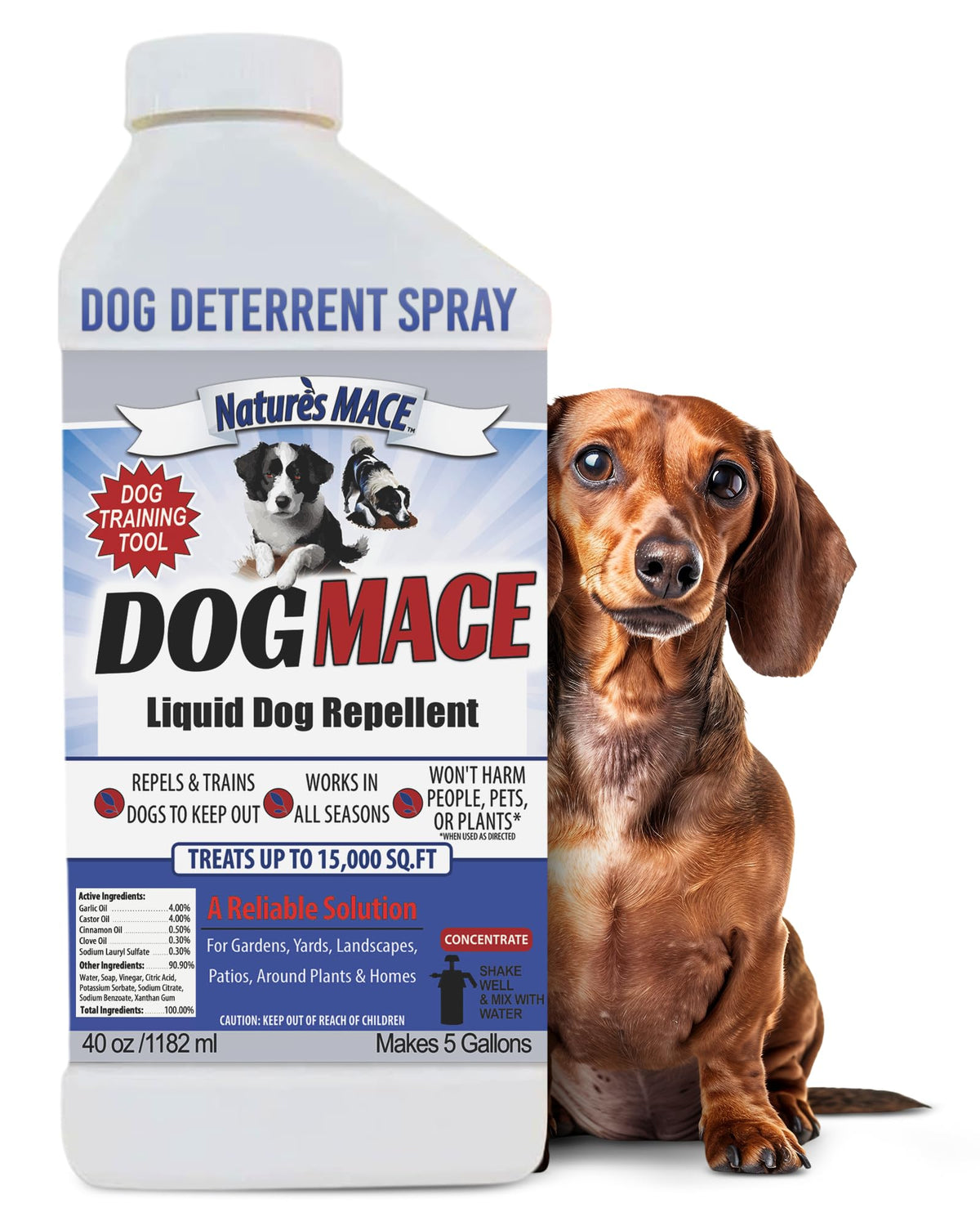 Nature's MACE Dog Mace bottle pour demonstrates simple spray application for yard deterrence.