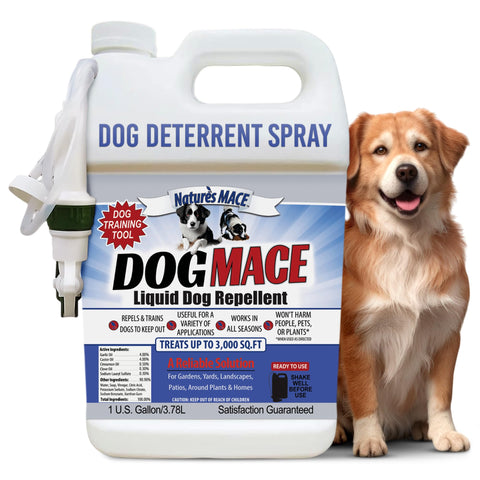 Nature's MACE dog spray bottle front, ready-to-use repellent for keeping dogs off your lawn.