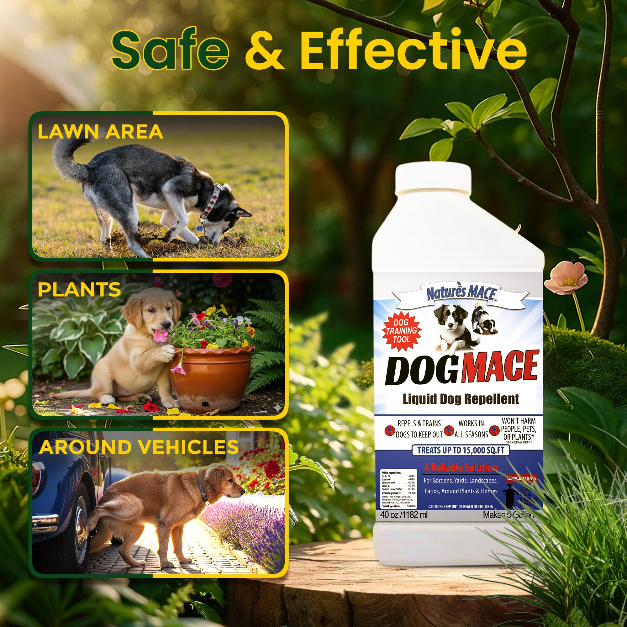 Nature's MACE Dog Mace yard coverage illustration for training and boundary setting.